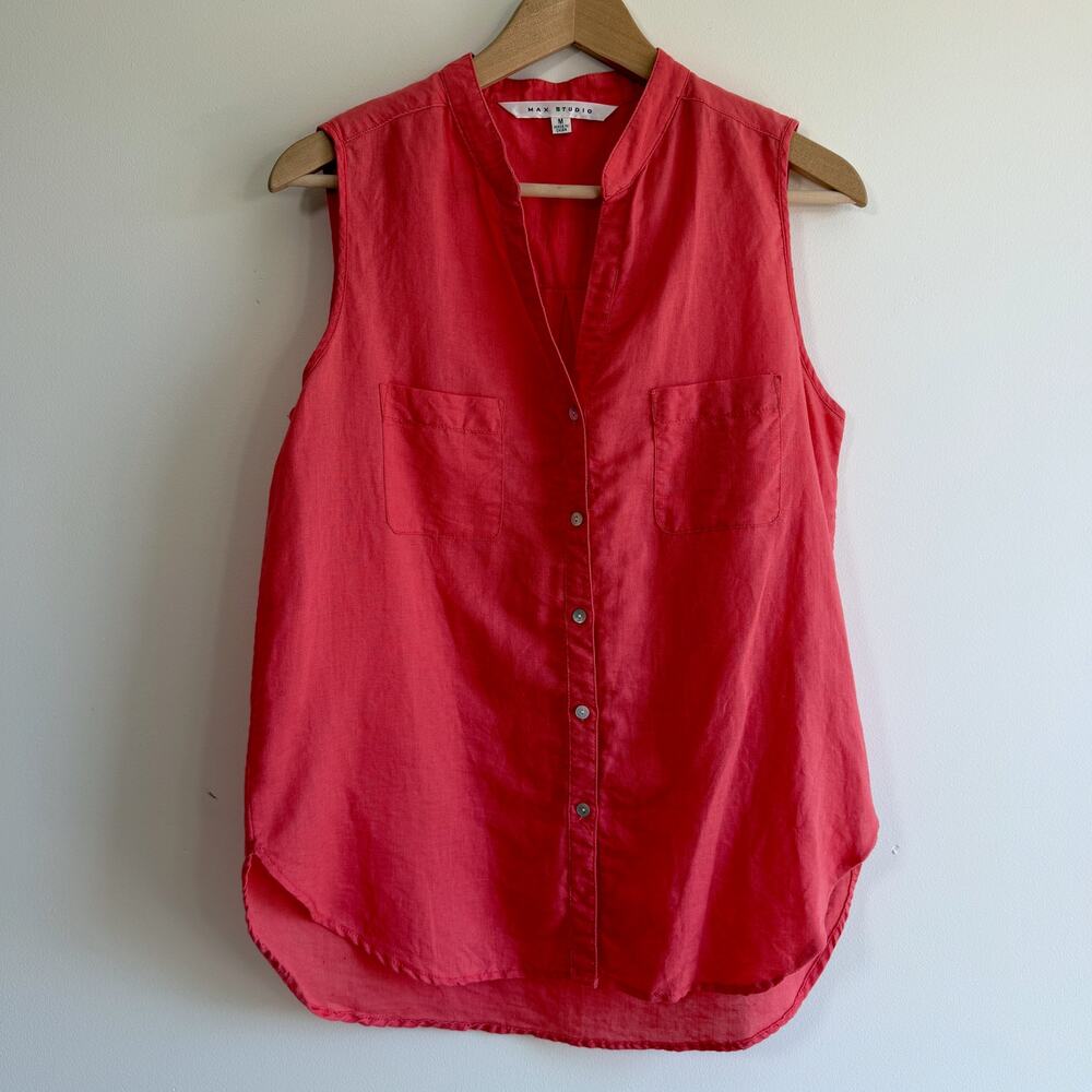 Max Studio Linen Cotton Sleeveless Button Front Blouse Top Coral Womens M Summer